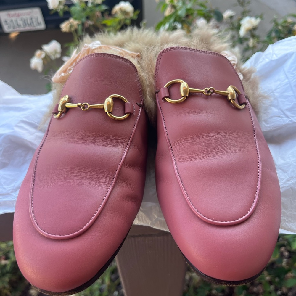 Gucci Pink Leather Fur-Lined Horsebit Mules